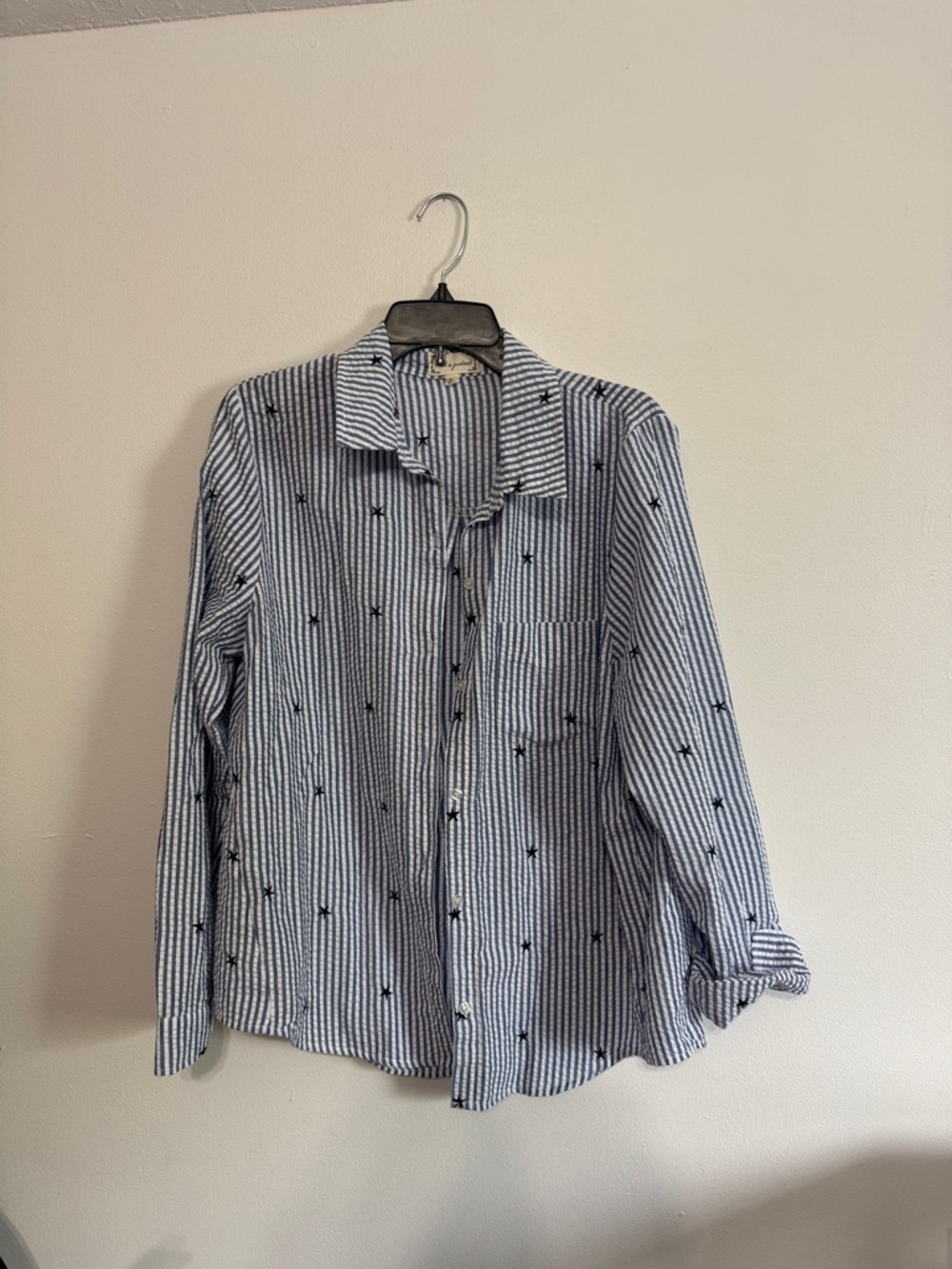 Cloth & Portrait Blue & White Striped Button-Up Shirt embroidered stars